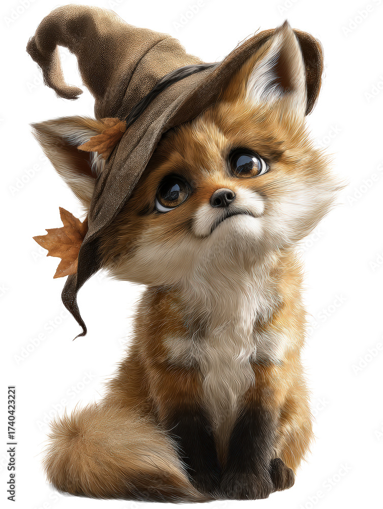 Obraz premium Charming cartoon fennec fox in a witch hat with a leaf, looking curious, isolated on transparent background