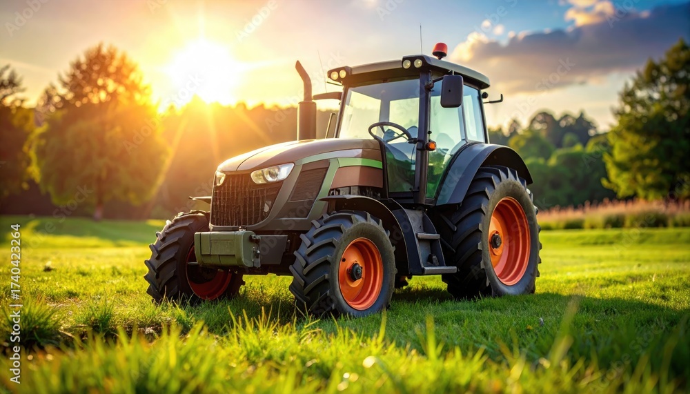 Obraz premium Agricultural Tractor Standing on Lush Green Meadow at Sunset