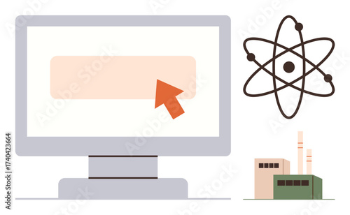 Large monitor with arrow pointer, atomic model to represent energy or research, small factory illustrating industry. Ideal for science, energy, innovation, education, research, industry technology