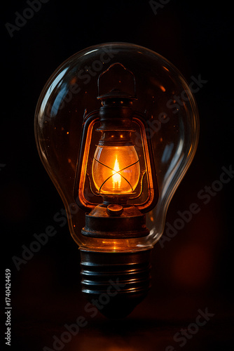 Vintage Lantern Inside Light Bulb – Symbol of Tradition and Innovation. Generative AI.