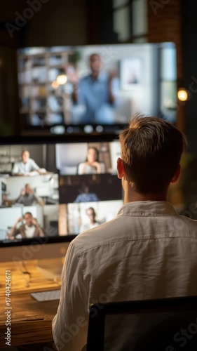 A professional engaged in a virtual meeting with multiple attendees displayed on screens, showcasing modern remote communication.