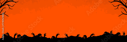 Halloween-themed banner design. With an illustration of a ground covered in skulls and hands trying to get out of the ground.