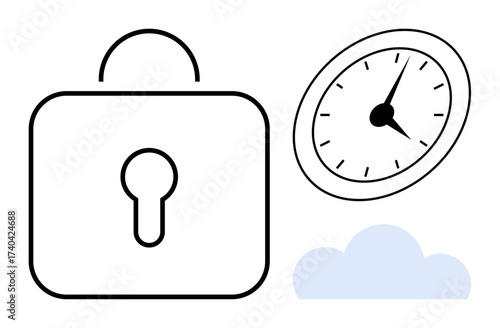 Padlock emphasizing protection, clock symbolizing time, and cloud representing cloud data. Ideal for cybersecurity, time tracking, data storage, productivity, online security, privacy remote access