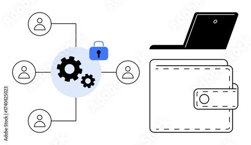 Gears, lock, figures in a network, laptop, and wallet represent blockchain, teamwork, finance, data privacy cryptocurrency online payment and security. Ideal for fintech collaboration