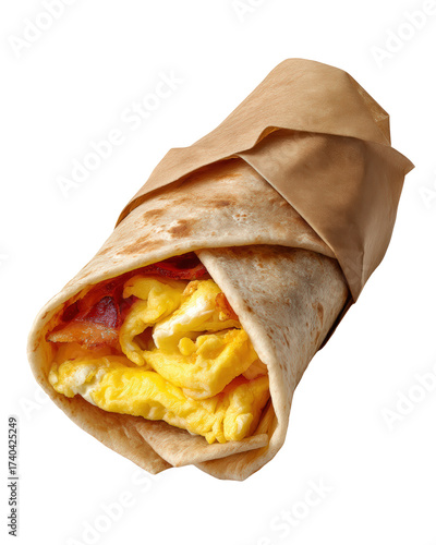A delicious breakfast burrito with scrambled eggs and bacon, isolated on a transparent background