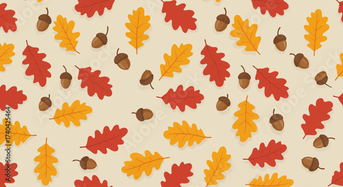 Autumn themed pattern featuring colorful oak leaves and acorns over beige background