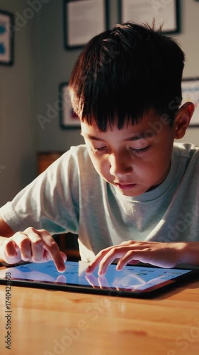 Young boy intently tapping a glowing tablet screen at a wooden table, focused on educational or entertaining content for learning, play and digital exploration at home