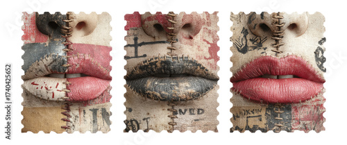 Unique Artistic Lips with Stitched Fabric Design and Tattoo Patterns