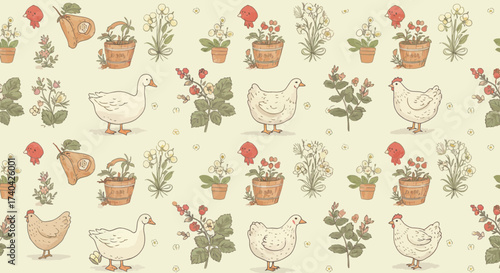 Charming seamless pattern featuring hand-drawn farm animals and rustic floral elements