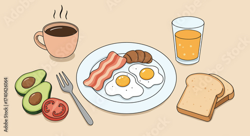 Colorful and Delicious Breakfast Illustration with Eggs, Bacon, and Avocado