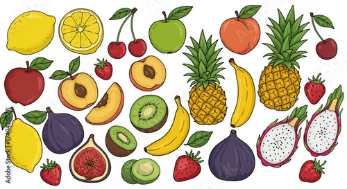 Colorful cartoon fruits illustration for healthy eating concept and vitamin source