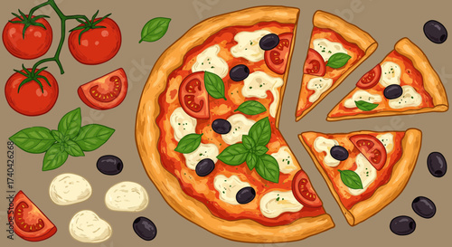 Delicious Pizza Margherita Illustration with Fresh Ingredients for Italian Cuisine