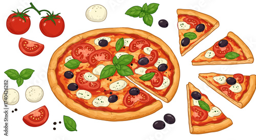 Delicious pizza with fresh tomatoes, mozzarella, basil and black olives food art
