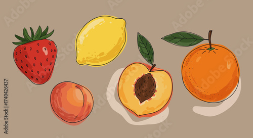 Hand-Drawn Illustration of Assorted Fruits on a Neutral Background for Healthy Lifestyle