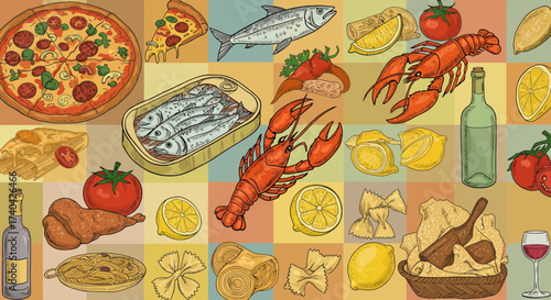 Hand-drawn Italian food seamless pattern, featuring pizza, lobster, and pasta