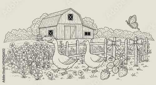 Pastoral Farm Scene with Geese, Barn, Flowers, Butterfly and a Picket Fence