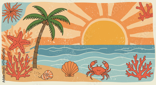 Retro summer beach illustration with palm tree, sunset and sea creatures