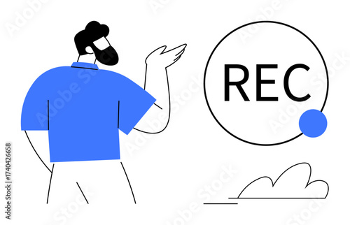 Person in casual attire gesturing beside a recording indicator with a connected sphere. Ideal for media, podcasting, content creation, streaming, communication, online learning, simple flat metaphor