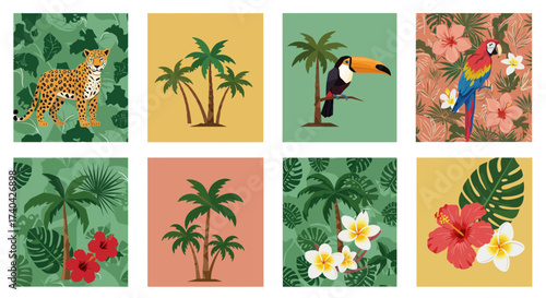 Tropical paradise collage featuring jungle animals, palm trees and exotic flowers