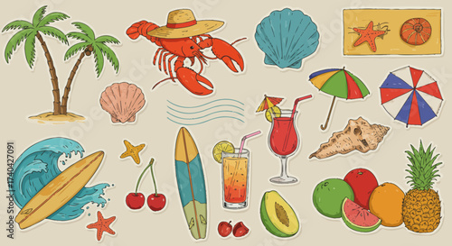 Vibrant beach-themed sticker set showcasing tropical fruits and coastal elements