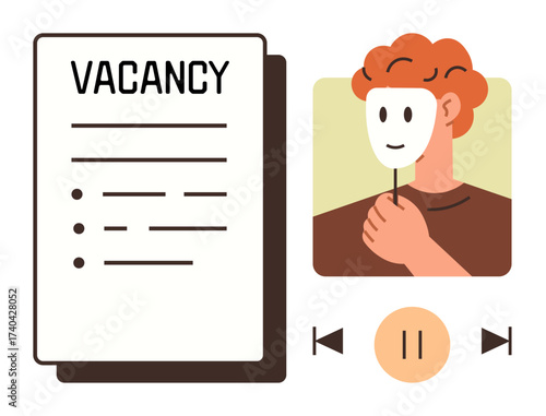 Recruitment vacancy document and individual holding mask to conceal true identity or intentions. Ideal for employment, recruitment, interviews, deception, psychology, identity, honesty, simple flat