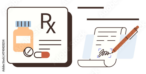 Medical prescription paper signed with a pen beside medication icons including pills, capsule, and bottle. Ideal for healthcare, pharmacy, treatment, prescription drugs, medical advice, patient care