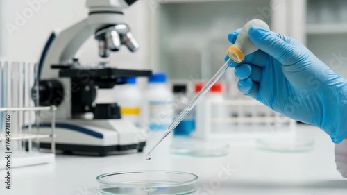 gloved hand uses dropper to dispense liquid into petri dish on white lab bench A microscope test tubes and bottles are blurred in the background showing scientific laboratory setting