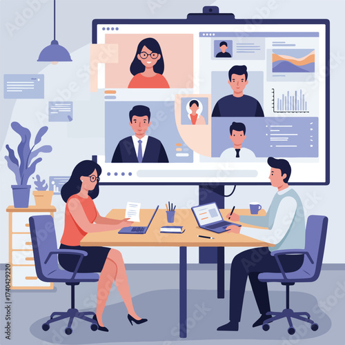 Business people in a hybrid meeting with remote colleagues on a video call.