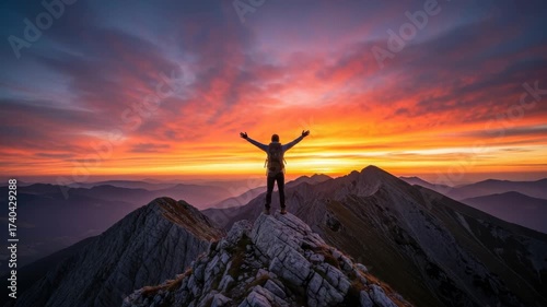 lone hiker with backpack stands victoriously atop rocky mountain peak arms outstretched admiring breathtaking sunset with vibrant orange and red clouds over distant mountain ranges