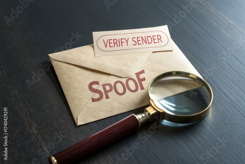 Magnifying glass examining spoof email envelope on dark surface