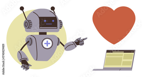 Robot with a medical symbol points at a red heart and a laptop screen, signifying human-tech interaction, AI empathy, telemedicine, innovation, healthcare, wellness, and technology. Ideal