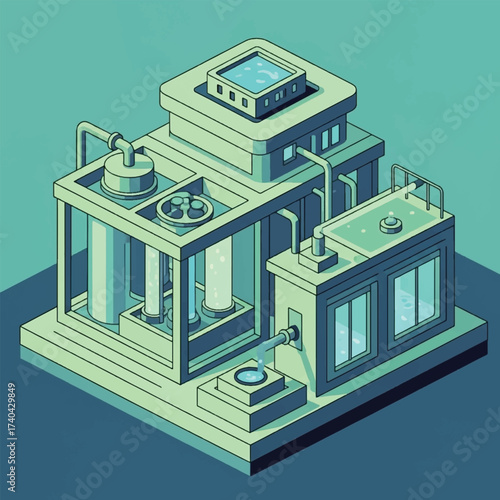 Isometric illustration of a futuristic water purification plant with pipes and tanks.