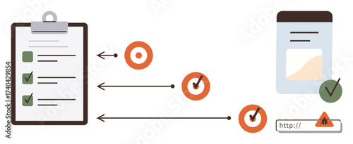 Clipboard checklist connected to progress indicators via arrows, security badge on website URL, and validation icon. Ideal for productivity, workflow, security, organization, project tracking, web