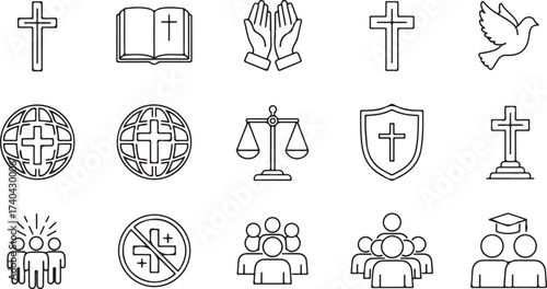 Collection of religious and legal icons symbols for faith justice and community building