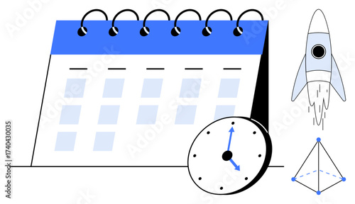 Desk calendar with clock, rocket symbolizing progress, and geometric design. Ideal for productivity, scheduling, innovation, project planning, goal setting time tracking creativity. A simple flat