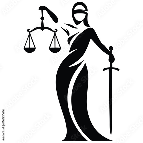 This striking vector silhouette of Lady Justice serves as a powerful emblem of legal impartiality and ethical jurisprudence. Ideal for representing concepts of law, order, and universal rights across 