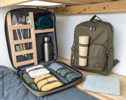 Minimalist zero-waste travel kit laid out on a hostel bed. Sustainable backpacking, eco-friendly travel, responsible tourism, and conscious packing concept.