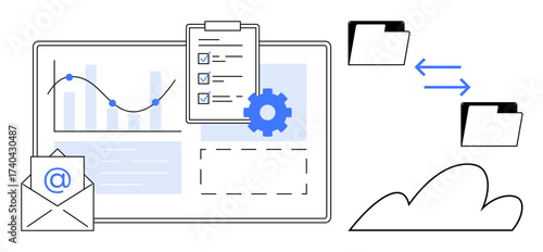 Email, chart, clipboard, and cloud folders represent file sharing, data analysis, task management, and process automation. Ideal for workflow, cloud storage analytics collaboration email