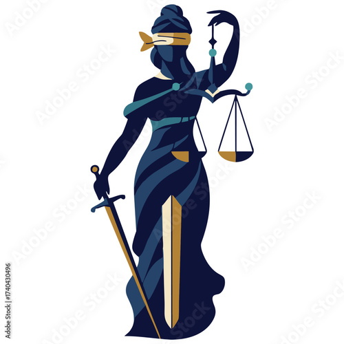 This contemporary vector illustration reimagines Lady Justice with a sophisticated, minimalist aesthetic, perfect for conveying legal ethics, corporate integrity, and fair governance