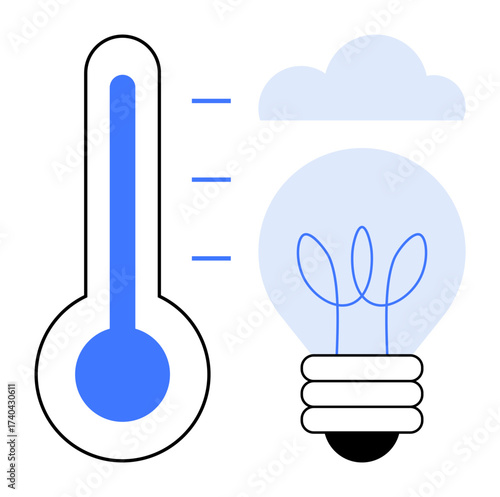 Thermometer with temperature levels, lightbulb, and cloud visualizing climate impact. Ideal for energy conservation, sustainability, climate change, innovation, green technology, renewable energy