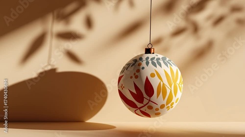 Ornate christmas bauble with leaf pattern hanging against a beige wall with leaf shadows cast upon it