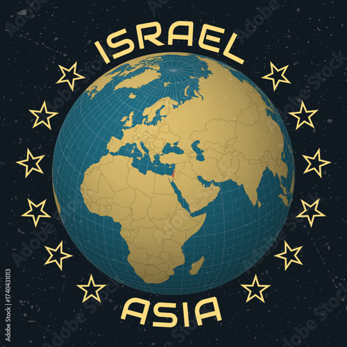 State of Israel on Globe. Country name round text. Vintage look with grunge scratched texture. Country view on world map in Sky Blue Light Yellow color palette. Israel shape on map.