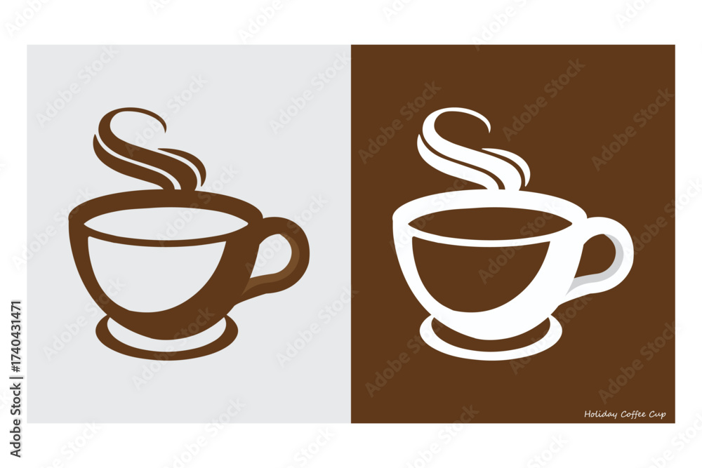 Obraz premium Holiday Coffee Cup Vector art of two stylized coffee cups with steam, one in brown on a light gray background, the other in white on a dark brown background