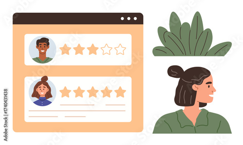 Website panel with user profiles and star ratings person observing thoughtful. Ideal for reviews, feedback, evaluation, usability, online engagement, UX design, simple flat metaphor