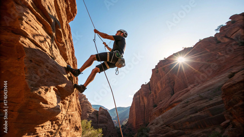 Athlete with prosthetic leg rappelling down a sunlit canyon wall. Adaptive sports, inclusive adventure travel, extreme capability, and overcoming challenges concept.