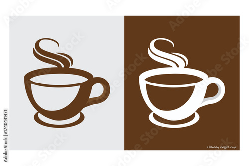 Holiday Coffee Cup Vector art of two stylized coffee cups with steam, one in brown on a light gray background, the other in white on a dark brown background