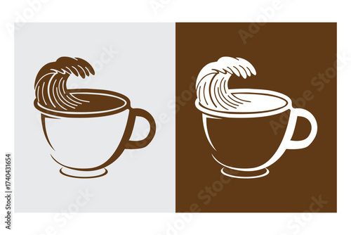 Holiday Coffee Cup Vector art of a stylized coffee cup with a wave crashing into it, presented in two color variations