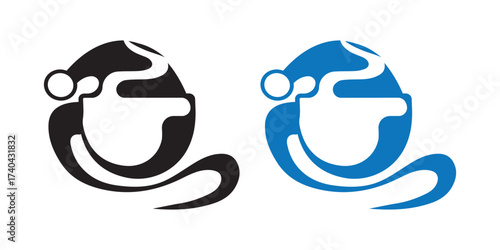 Holiday Coffee Cup Vector art of two stylized logo designs, one black and one blue, representing a swirling abstract shape with a circular element