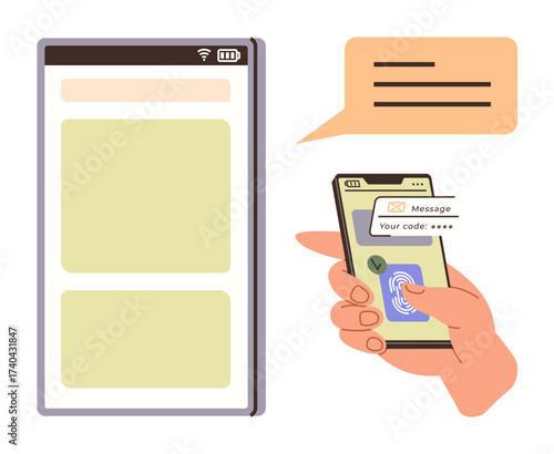 Mobile device with fingerprint scanner approving an authentication code for access. Ideal for cybersecurity, online protection, user verification, privacy, secure login, mobile technology, modern