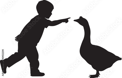 Silhouette of a child reaching out to a goose in a heartwarming moment of connection
